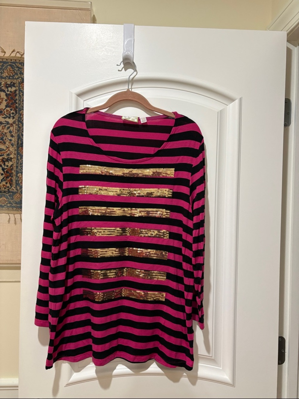 Onque Sport Women's Long Sleeve Striped Tee Gold Sequin Accents - Pink & Black